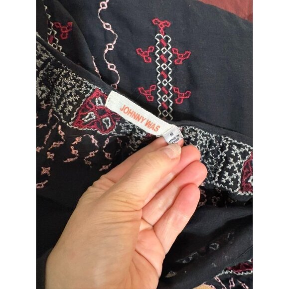 Johnny Was Black Embroidered Dress M Ava Peasant Black Red Long Sleeve EUC - Picture 5 of 9